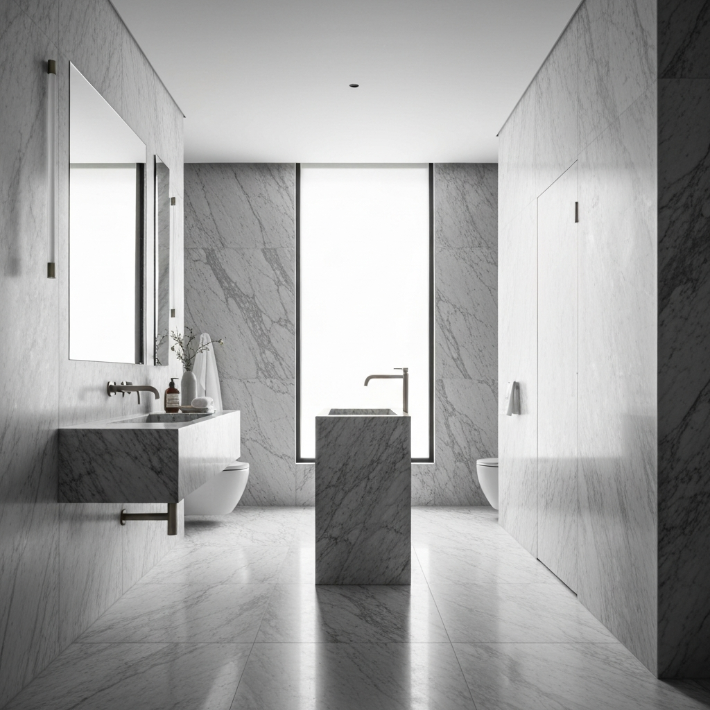 Book-matched marble bathroom