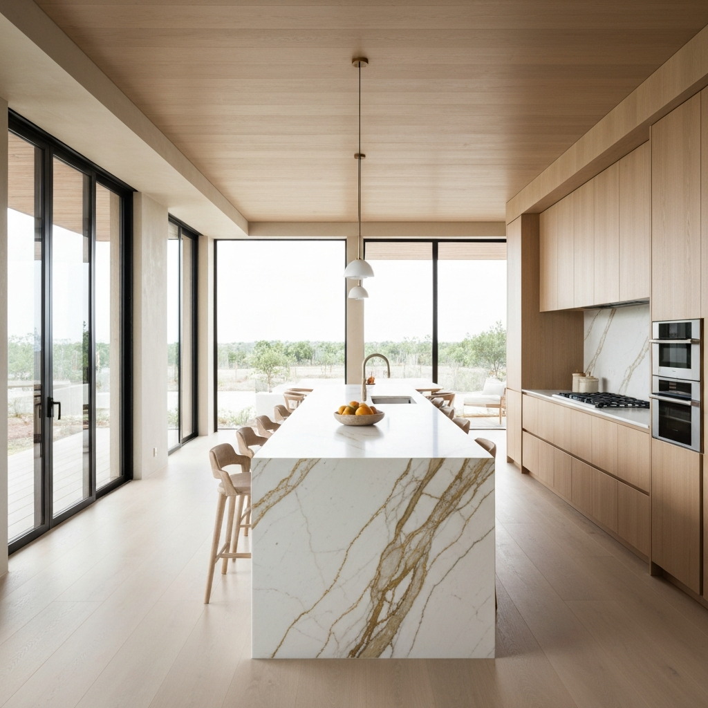 Marble waterfall kitchen island