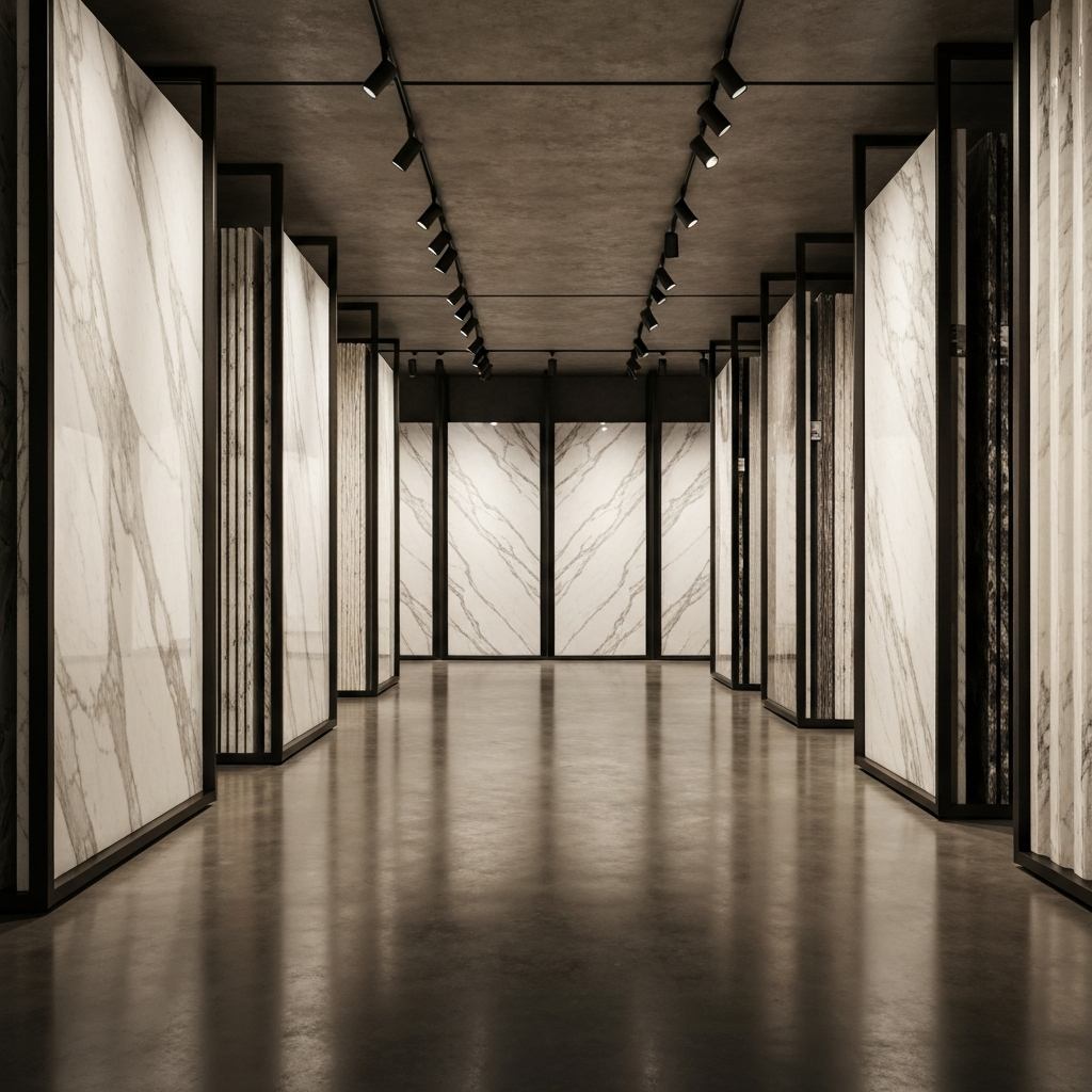 American Granite showroom with towering slabs